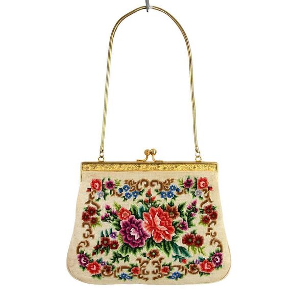 VTG Handmade MULTICOLOR FLORAL PETIT NEEDLEPOINT FRAME KISS LOCK SMALL PURSE - Picture 1 of 14